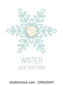 Creative snowflake with fluffy center. Winter design element for banner, card, invitation, label, postcard, template or logo.