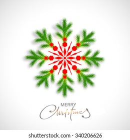 Creative snowflake made by fir tree branches on shiny background for Merry Christmas celebration.