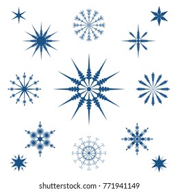 Creative snowflakes. Set of abstract doily winter symbols. Traditional Christmas and New Year decorative attributes. Vector illustration.