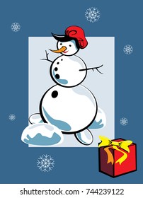 Creative snowman with red hat on a white snow. Illustration, design, concept, idea for holiday poster, banner, card, print, wallpaper, background.