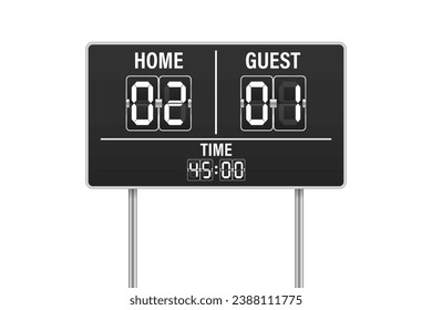 Creative soccer, soccer mechanical scoreboard isolated on transparent background. Artistic design of retro vintage countdown, display result. Concept graphic sports element. Vector illustration