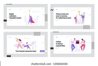 Creative Social Business Success Concept Landing Page Set. People Characters at Coffee Break, Hiring, Creative Cooperation, New Solution and Idea Bulb for Website, Web Page. Flat Vector Illustration