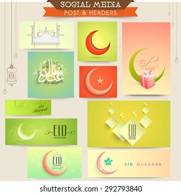Creative social media ads, banners, headers or post for muslim community festival, Eid Mubarak celebration.