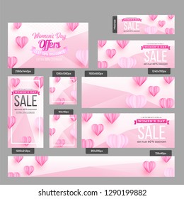 Banner creativo de medios sociales o conjunto de afiches decorados con forma de corazón de papel y diferentes ofertas de descuento para el concepto de celebración del Día de la Mujer Feliz.