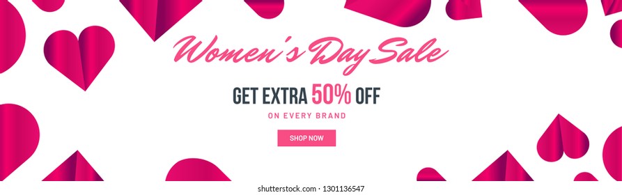 Creative social media banner or poster design with illustration of pink paper heart shapes and 50% discount offer for Happy Women's Day celebration.