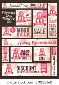 Creative Social Media Banner set of Sale with discount offer for Happy Women's Day celebration.