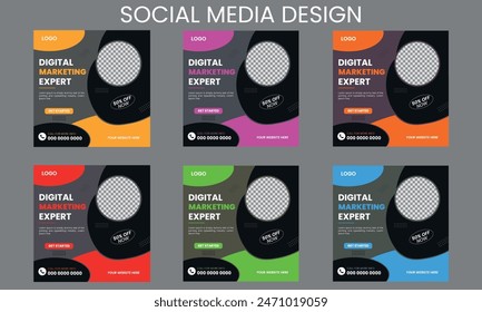 	
Creative social media editable minimal square banner template, and 6 color stripe line shape