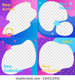 Creative Social Media Frames. Abstract Liquid Shapes Template for Ads about New Arrival, Trends, Collection Development. Editable Web Vector Illustration. Banners for Social Networks