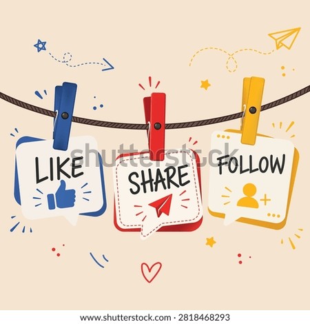 Creative social media hanging cards featuring follow like and share messages designed for digital marketing campaigns websites content creators branding promotions and online engagement materials
