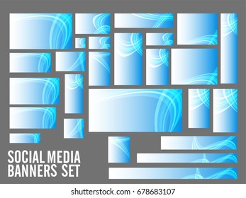 Creative Social Media Header or Banners set with blue abstract wavy stripes.