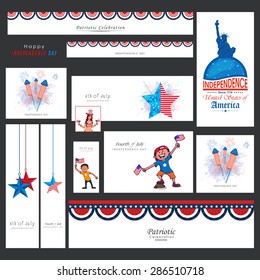 Creative social media and marketing web headers, ads, post or banners for 4th of July, American Independence Day celebration.