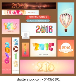 Creativo post en medios sociales y juego de encabezados con un elegante texto 2016 para la celebración de Feliz Año Nuevo.