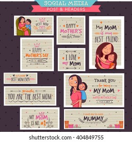 Creative social media post and header set with different typographic collection for Happy Mother's Day celebration concept.