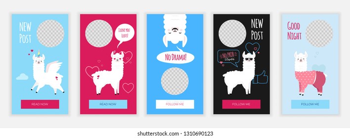 Creative social media stories design template with cute funny llamas illustrations. Cute banner set. Web templates for online networks for shop, blog and personal use. App screens with kawaii mascots