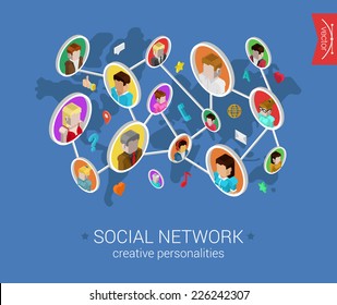 Creative social network flat 3d isometric pixel art modern design concept vector. People profiles connected on world map with social media icons. Web banners illustration website click infographics.