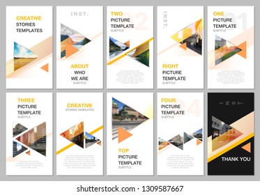 Creative social networks stories design, vertical banner or flyer templates with triangles and triangular shapes on white background. Covers design templates for flyer, leaflet, brochure, presentation