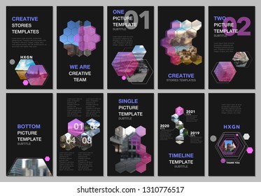 Creative social networks stories design, vertical banner or flyer templates with hexagones and hexagonal shapes on black background. Covers design templates for flyer, leaflet, brochure, presentation