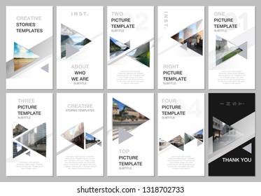 Creative social networks stories design, vertical banner or flyer templates with triangles and triangular shapes on white background. Covers design templates for flyer, leaflet, brochure, presentation