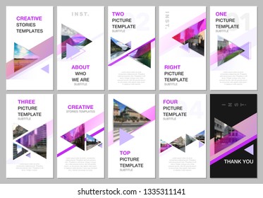 Creative social networks stories design, vertical banner or flyer templates with triangles and triangular shapes on white background. Covers design templates for flyer, leaflet, brochure, presentation