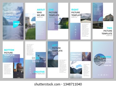 Creative social networks stories design, vertical banner or flyer templates with colorful blue gradient backgrounds. Covers design templates for flyer, leaflet, brochure, presentation, advertising.