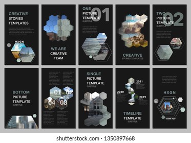 Creative social networks stories design, vertical banner or flyer templates with hexagones and hexagonal shapes on black background. Covers design templates for flyer, leaflet, brochure, presentation