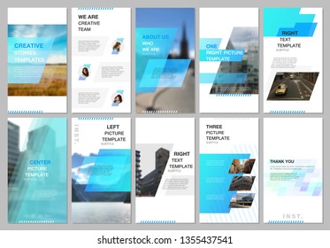 Creative social networks stories design, vertical banner or flyer templates with blue colored colorful gradient geometric background. Covers design templates for flyer, leaflet, brochure, presentation