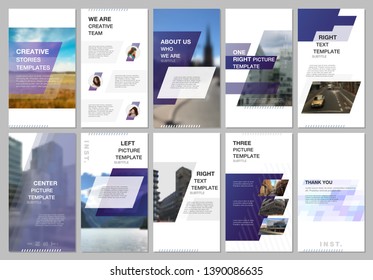 Creative social networks stories design, vertical banner or flyer templates with blue colored colorful gradient geometric background. Covers design templates for flyer, leaflet, brochure, presentation