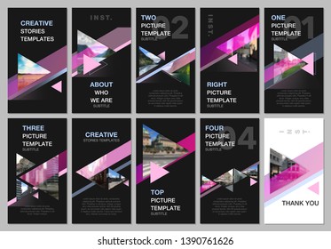 Creative social networks stories design, vertical banner or flyer templates with triangles and triangular shapes on black background. Covers design templates for flyer, leaflet, brochure, presentation