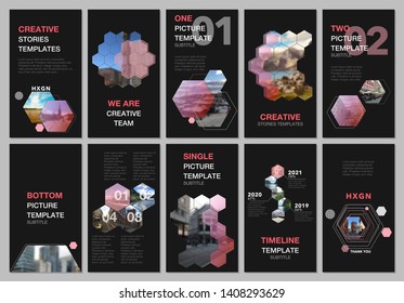 Creative social networks stories design, vertical banner or flyer templates with hexagones and hexagonal shapes on black background. Covers design templates for flyer, leaflet, brochure, presentation