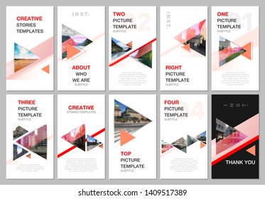 Creative social networks stories design, vertical banner or flyer templates with triangles and triangular shapes on white background. Covers design templates for flyer, leaflet, brochure, presentation