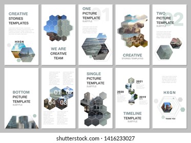 Creative social networks stories design, vertical banner or flyer templates with hexagones and hexagonal shapes on white background. Covers design templates for flyer, leaflet, brochure, presentation