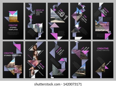 Creative social networks stories design, vertical banner or flyer templates with colorful triangle origami paper elements. Covers design templates for flyer, leaflet, brochure, presentation.