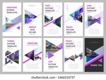 Creative social networks stories design, vertical banner or flyer templates with triangles and triangular shapes on white background. Covers design templates for flyer, leaflet, brochure, presentation