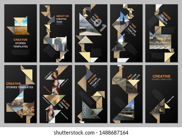 Creative social networks stories design, vertical banner or flyer templates with colorful triangle origami paper elements. Covers design templates for flyer, leaflet, brochure, presentation.