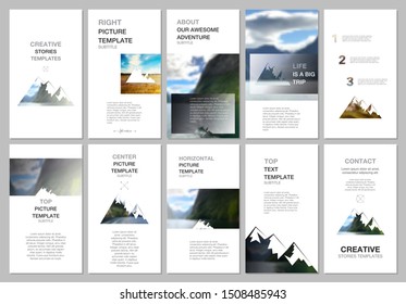 Creative social networks stories design, vertical banner or flyer template. Covers design templates for flyer, brochure. Background for tourist camp, nature tourism, camping. Aadventure design concept