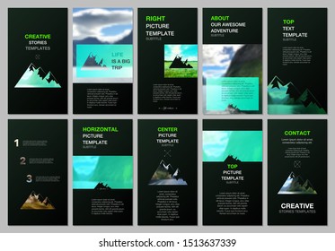 Creative social networks stories design, vertical banner or flyer template. Covers design templates for flyer, brochure. Background for tourist camp, nature tourism, camping. Aadventure design concept