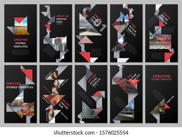 Creative social networks stories design, vertical banner or flyer templates with colorful triangle origami paper elements. Covers design templates for flyer, leaflet, brochure, presentation.