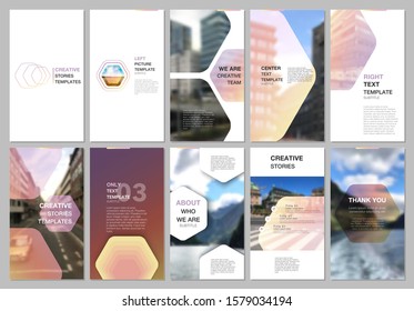 Creative social networks stories design, vertical banner or flyer templates with hexagonal design yellow color pattern background. Covers design templates for flyer, leaflet, brochure, presentation.