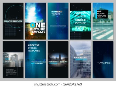 Creative social networks stories design, vertical banner or flyer templates with lines, dots and circles. Covers design templates for electronic music festival flyer, leaflet, brochure, advertising.