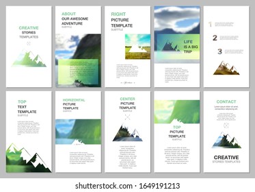 Creative social networks stories design, vertical banner or flyer template. Covers design templates for flyer, brochure. Background for tourist camp, nature tourism, camping. Aadventure design concept