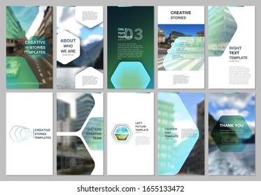 Creative social networks stories design, vertical banner or flyer templates with hexagonal design green color pattern background. Covers design templates for flyer, leaflet, brochure, presentation.