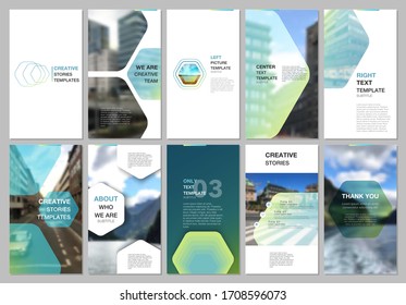 Creative social networks stories design, vertical banner or flyer templates with hexagonal design green color pattern background. Covers design templates for flyer, leaflet, brochure, presentation.