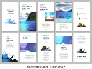 Creative social networks stories design, vertical banner or flyer template. Covers design templates for flyer, brochure. Background for tourist camp, nature tourism, camping. Aadventure design concept