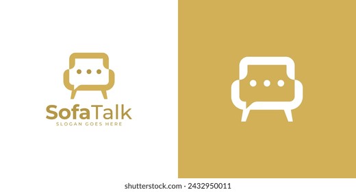 Creative Sofa Talk Logo. Sofa and Bubble Chat with Minimalist Style. Furniture Logo Icon Symbol Vector Design Template.	