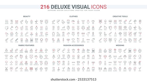 Creative software and tool, wedding, beauty cosmetics line icon set. Shopping for fashion beach clothes, accessory and shoes, fabric feature thin black and red outline symbols vector illustration