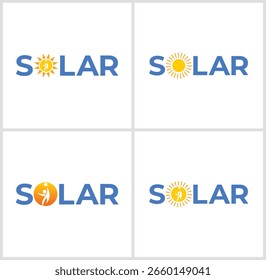 Creative Solar Energy Logos Featuring Sun and Human Figure Designs Emphasizing Renewable Power and Positive Impact in Varied Styles