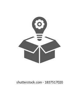 Creative solution black icon. Idea generation. Smart innovative thought. Successful strategy. Light bulb in box. Silhouette symbol on white space. Vector isolated illustration