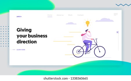 Creative Solution, Business Concept with Happy Businessman Character on a bike Getting Idea as a Lightbulb. Modern Banner with Goal Achievement Graph for Website, Web Page. Flat Vector Illustration