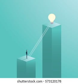 Creative solution business vector concept with businessman climbing on ladder to a light bulb. Eps10 vector illustration.