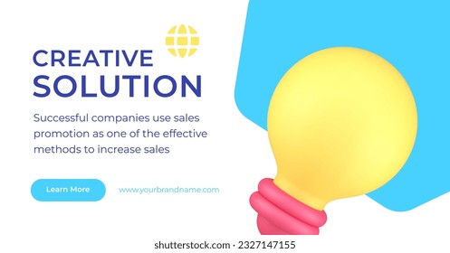 Creative solution company innovation idea agency lightbulb 3d landing page realistic vector illustration. Project development efficiency productivity marketing brainstorming analyzing management